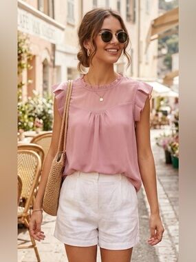 Monteau Los Angeles Mauve Ruffle Neck Flutter Sleeve Blouse - Size M